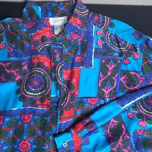 Vintage J Arnold Silk Button Down Womens Small Blue Pink Geometric Medallion